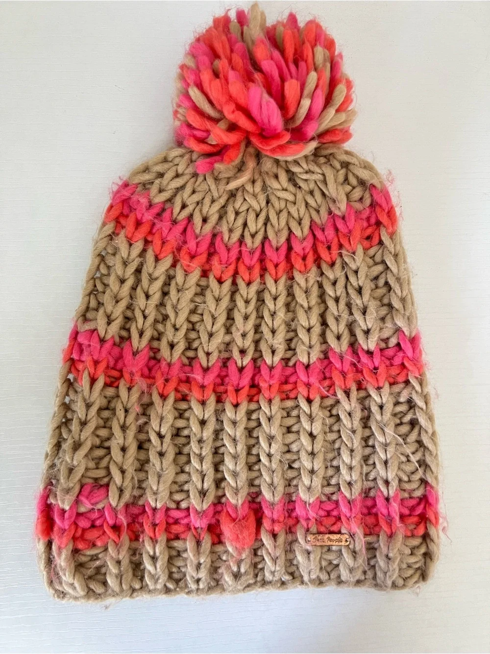 Free People tan brown pink orange striped slouchy pom pom beanie one size - Picture 2 of 6